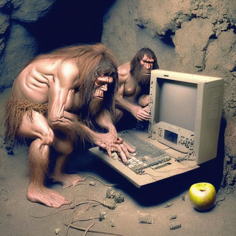неандертальцы чинят компьютер apple_Kandinsky 2.1
