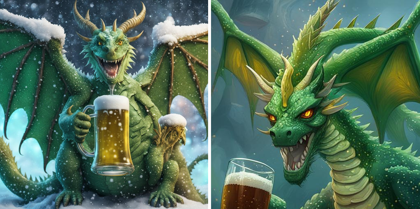 Слева – старый зеленый дракон, развернутые крылья, большие желтые глаза, обвисшее брюхо, хохочет, много рогов, с пивом; справа – old green dragon, spread wings, big yellow eyes, saggy belly, laughs, many horns, with beer