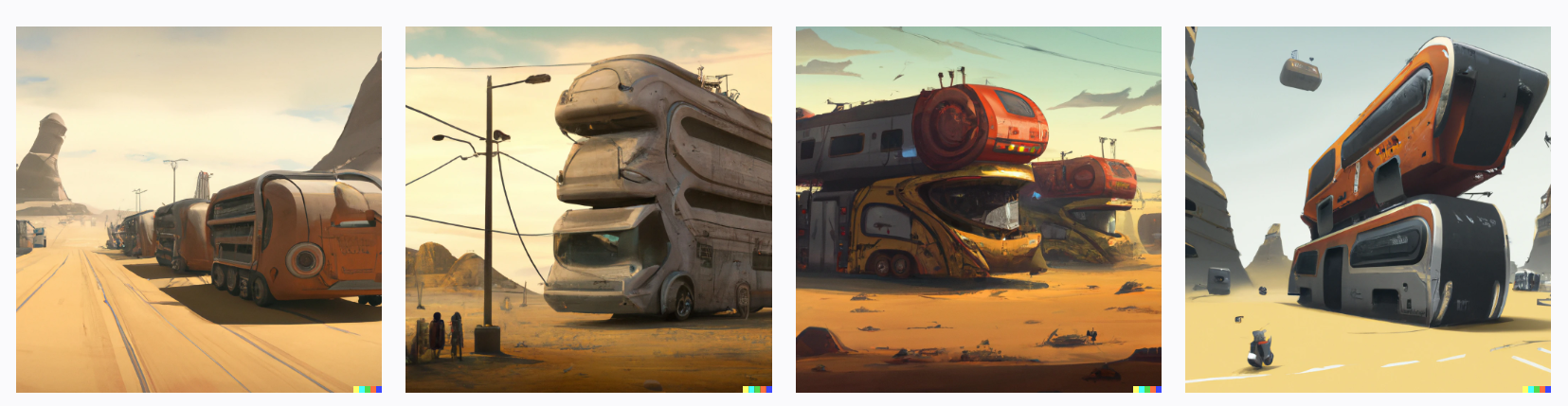 giant city on wheels travelling through a desert forming a bus, digital art