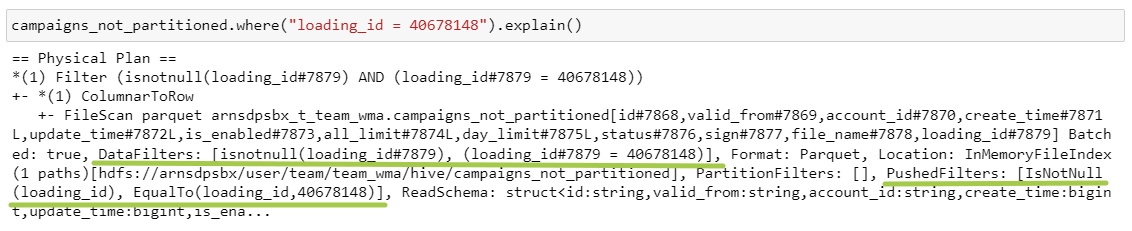 Выборка всех полей из таблицы campaigns_not_partitioned с фильтром по loading_id