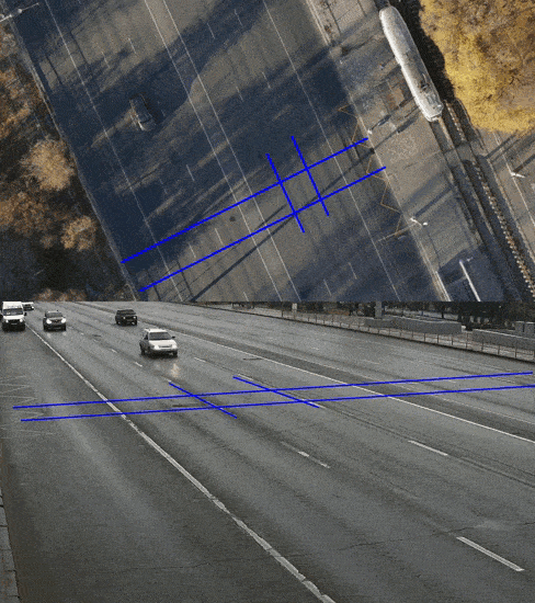 Работа алгоритма на примере видеозаписи с обычной дорожной камеры. Зона контроля ограничена синими линиями (шумность картинки- следствие того, что хабр ограничивает размер загружаемых на сайт gif)
