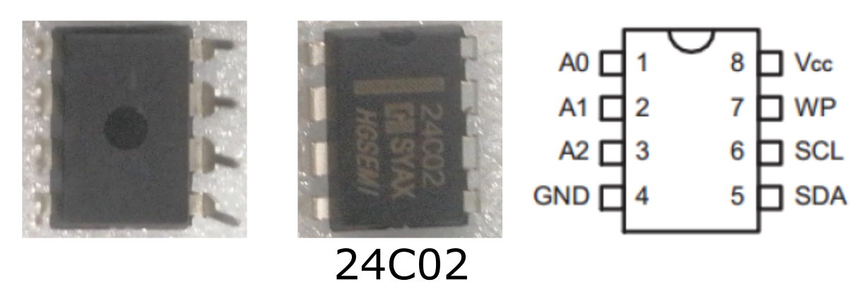 Вот так выглядит микросхема памяти AT24C02N (EEPROM 2kBit, в корпусе DIP-8)