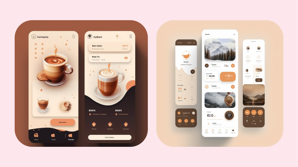 Prompt 1: coffee UI interface design with a minimalist style, fashionable and trendy design, and master level design. Prompt 2: UI design prototype with a white background and a brown slick colors