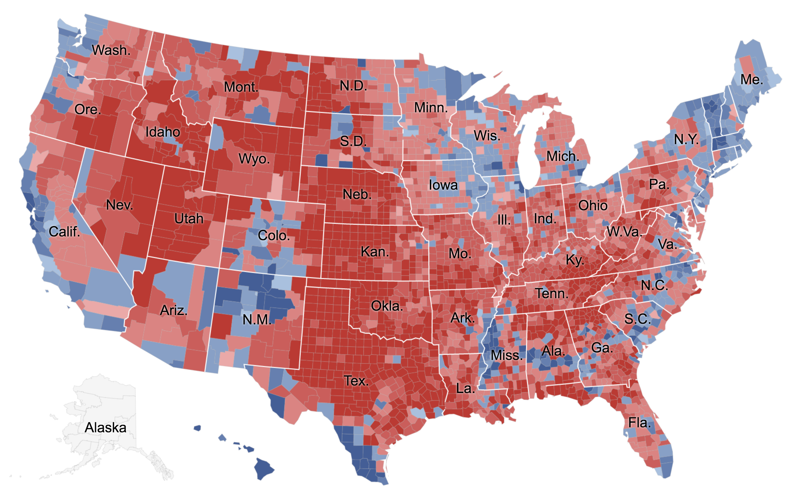 От красного к синему - соотношение голосов между Республиканцами и Демократами в разных графствах в 2020