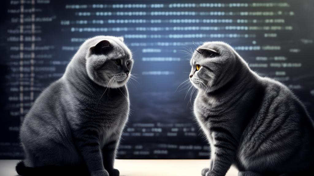 2 photorealistic scottish fold cats, job interviewing each other, dark grey fur, fat cat ,movie poster, cinematic, HDR,cinematic lighting, whiteboard on the background, with programming code on it