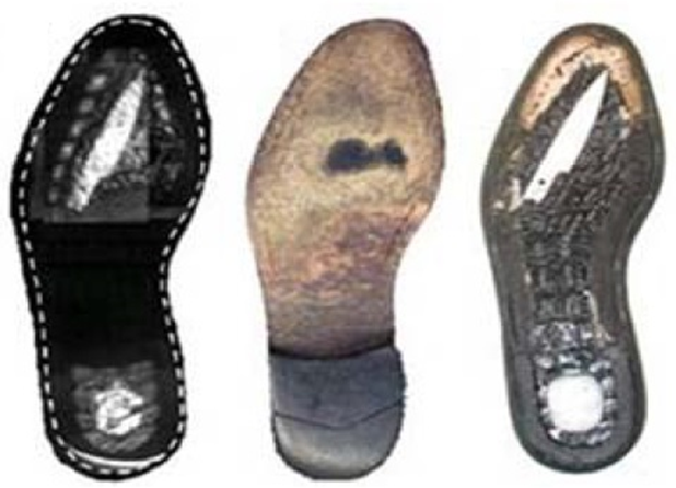  Рисунок 2. Изображение керамического ножа и взрывчатого вещества Semtex, спрятанных в подошве обуви [3]. Слева – терагерцовое изображение ботинка, справа и в центре – изображение в видимом диапазоне частот. Изображение справа сделано с удалённой подошвой.