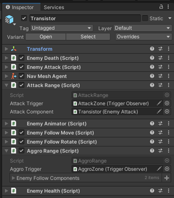 Связи компонентов TriggerObserver с компонентами игровой логики префаба Transistor