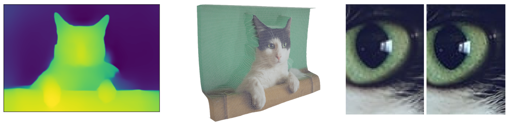 Эксперименты на кошках: карта глубины (MiDaS), наложенная на фотографию в 3D, а также детали увеличенного изображения (ESRGAN)