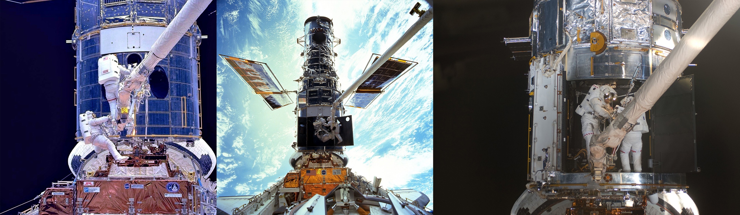 Слева — первая экспедиция по установке линзы 1993 года, в центре — третья экспедиция 1999 года по замене вышедших из строя гироскопов, справа — четвертая экспедиция 2009 года по замене опять гироскопов и много чего еще