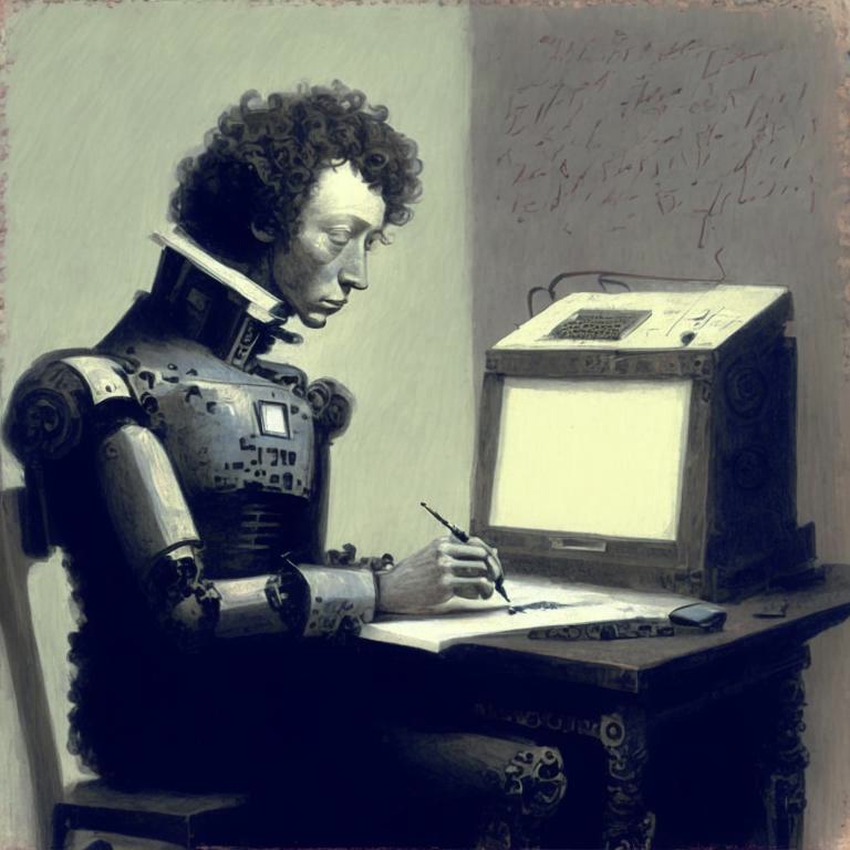 Поэт Александр Пушкин с телом робота сидит перед компьютером и пишет перьевой ручкой стихотворение на экране компьютера, стиль: 4к
