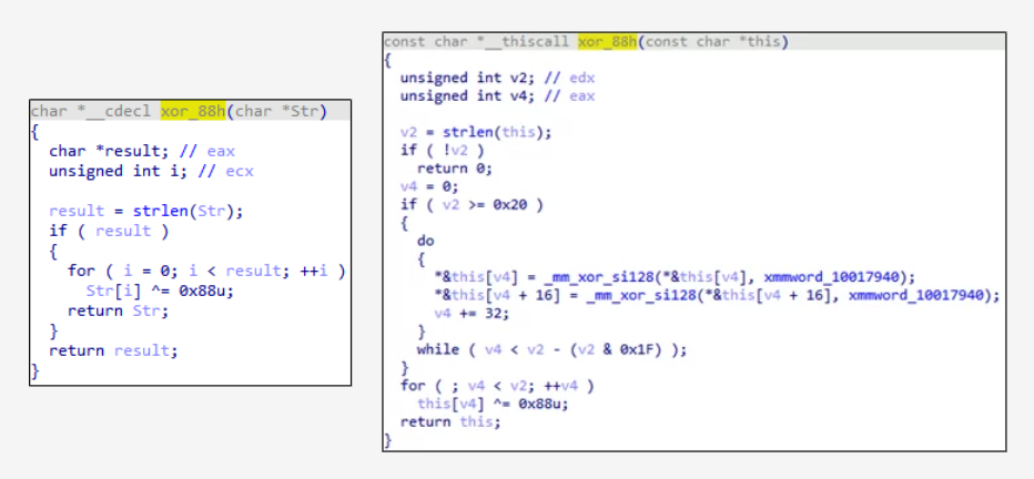Фрагмент кода функции шифрования XOR в BlueTraveller (слева) и Albaniiutas (справа)
