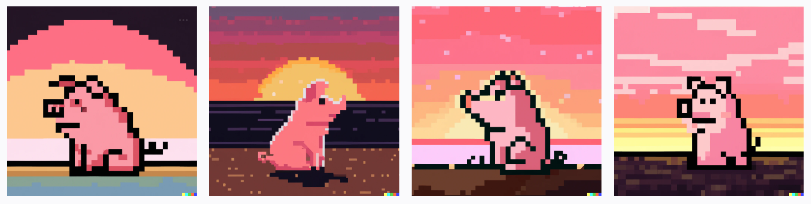 Pink pixel pig sitting in front of sunset, digital art, pixel art