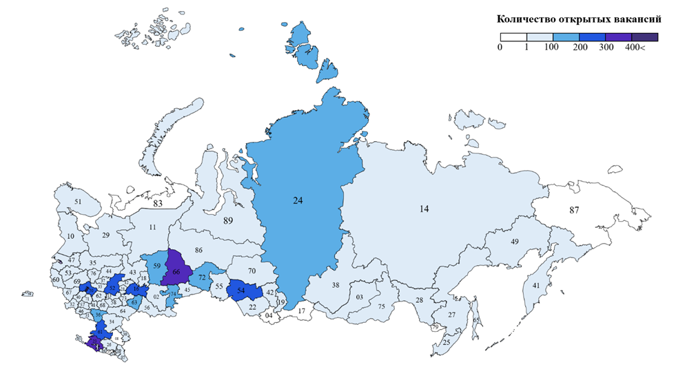 Рисунок 1 - Карта регионов страны с открытыми вакансиями для 1С-программистов