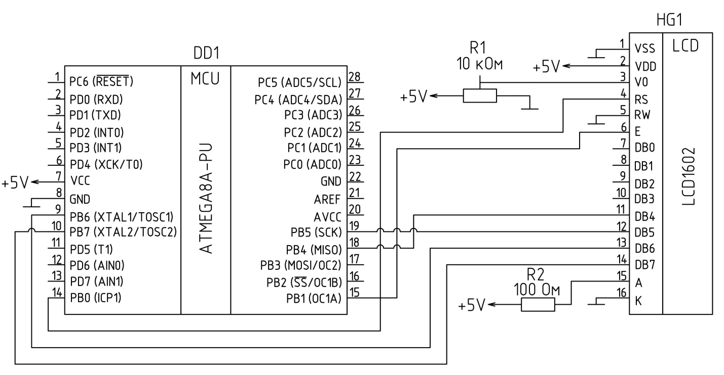Рисунок 2 – Подключение жидкокристаллического дисплея LCD1602 к микроконтроллеру ATmega8 в 4-битном режиме
