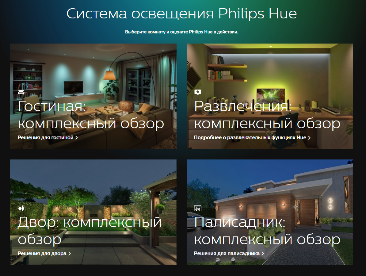 Варианты использования устройств Philips Hue на сайте компании