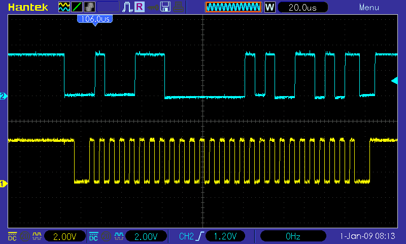 Рис. 13. Сигналы шины I2C на экране осциллографа