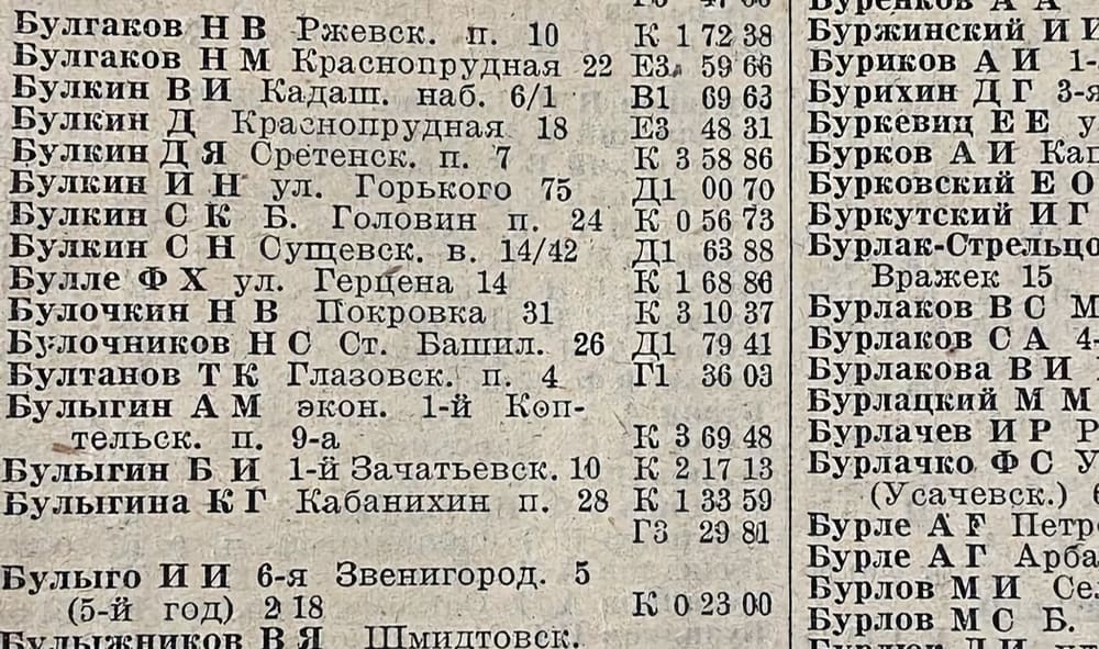 Фрагмент телефонного справочника Москвы 1935 года. Взят с pikabu.ru