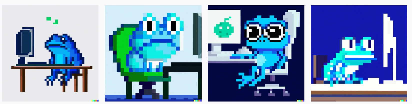 Blue pixel frog sitting in front of computer, digital art, pixel art