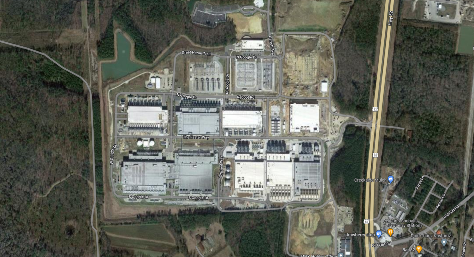 Вид со спутника на дата-центр Google в Южной Каролине