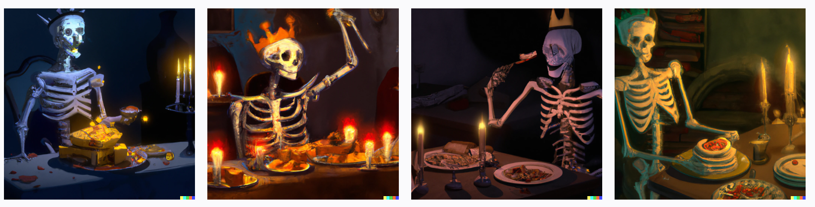 Crazy skeleton eats cheese, table, broken plate, dim light, candles, crown on head, red eyes, digital art, cybepunk, 8k resolution
