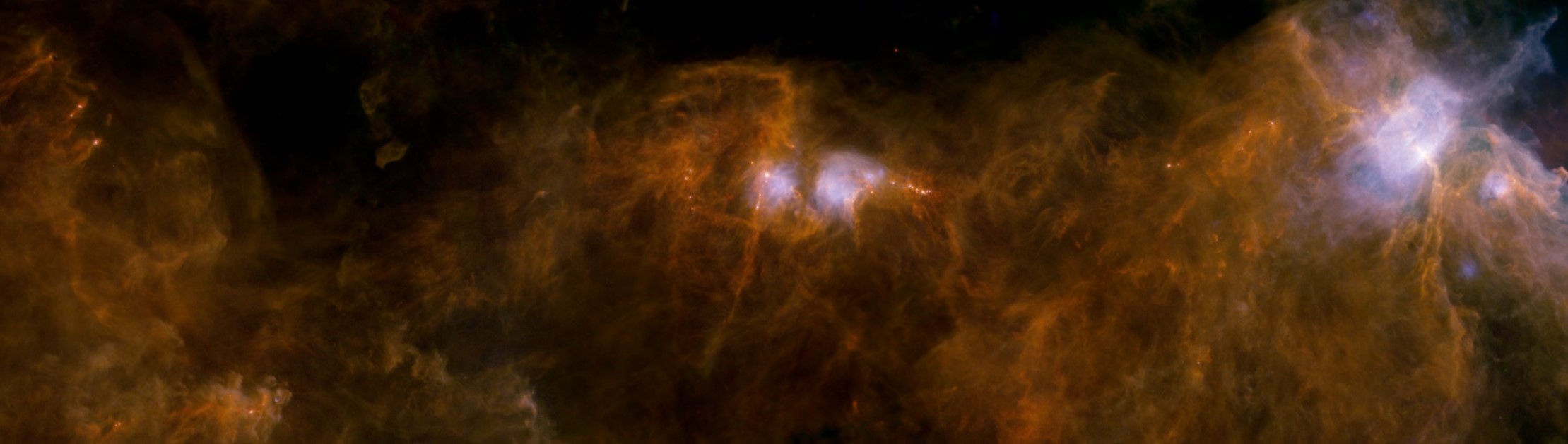Изображение молекулярных облаков в Орионе B, полученное космической обсерваторией им. Гершеля в дальнем ИК-диапазоне. Сети длинных тонких нитей, пронизывающих облака, сопровождаются яркими протозвездами. Credit: ESA