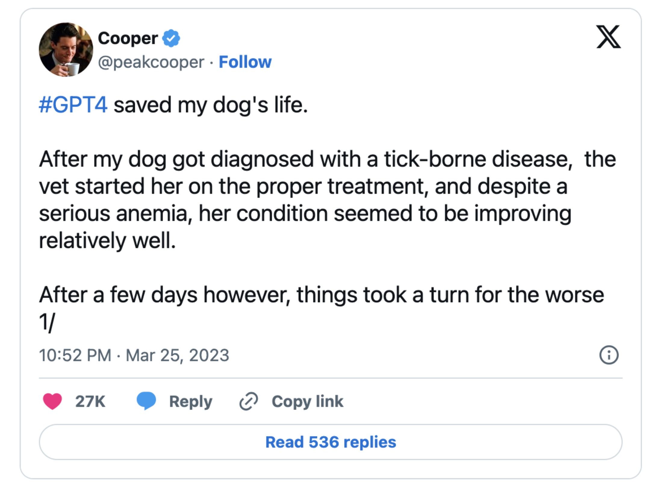 оригинальный пост про спасённую собаку