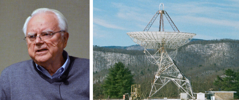 Ф.Д Дрейк и телескоп Tatel диаметром 26 метров в лаборатории Грин Бэнк, Западная Вирджиния
