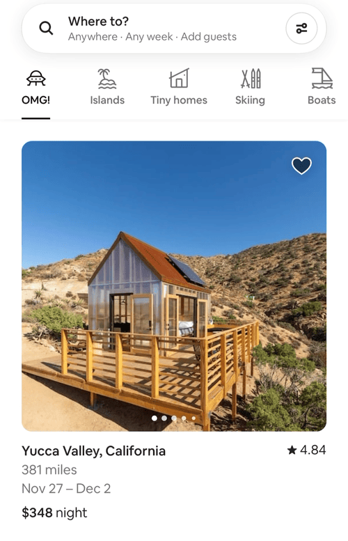 Пример перехода: раскрытие и сворачивание экрана ввода поиска в приложении Airbnb для iOS