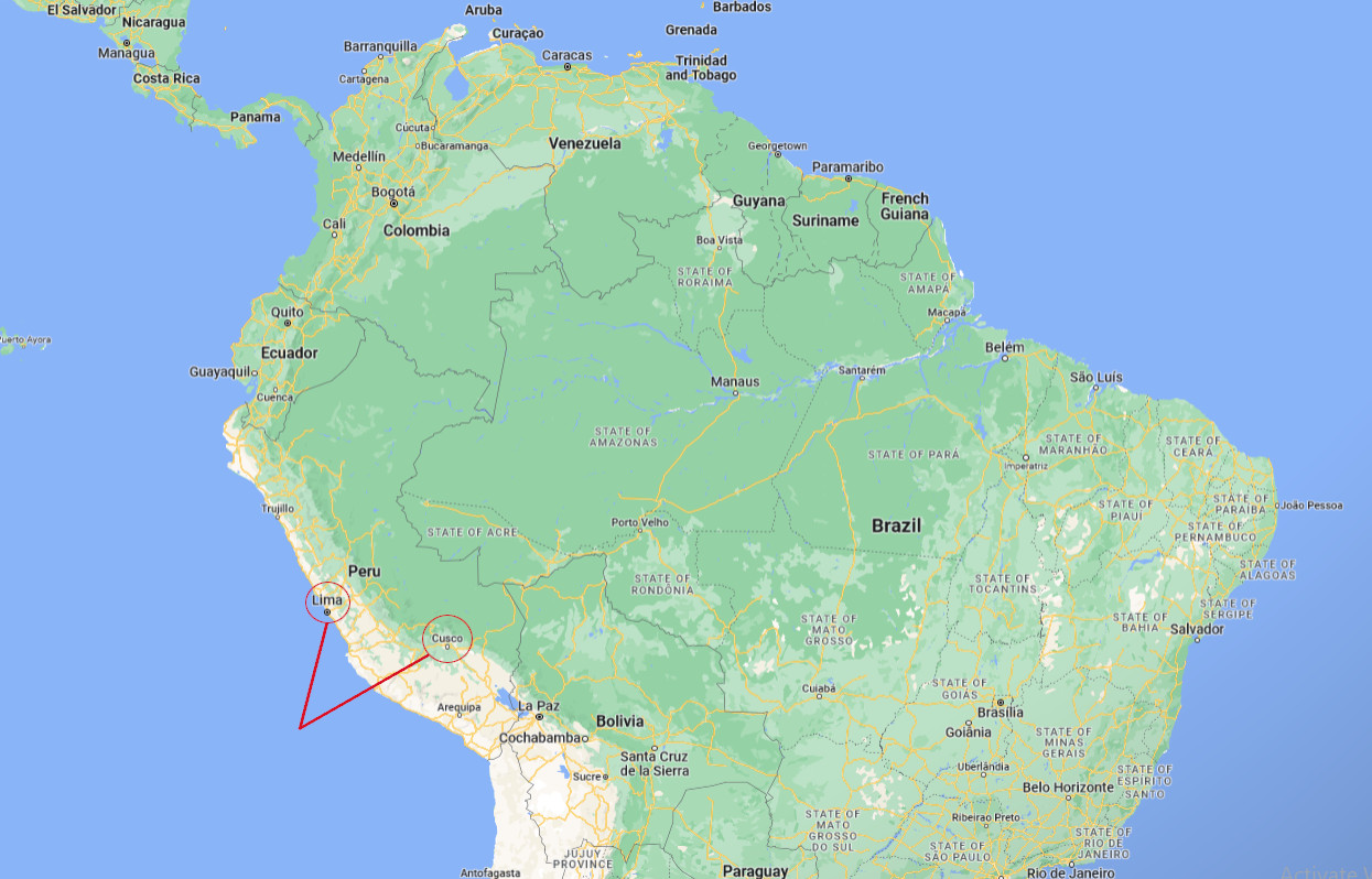 На карте выделены два города, о которых будет идти речь в статье: Лима и Куско