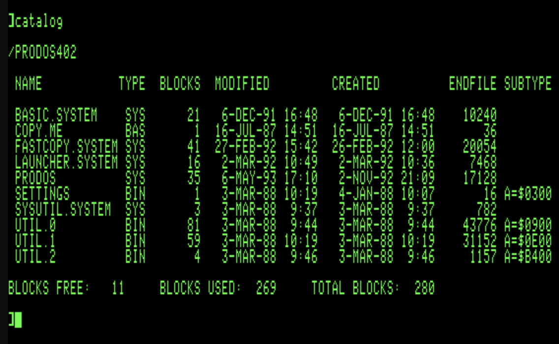 Интерфейс командной строки Apple II ProDOS. Показанная команда catalog выводит список файлов на текущем диске