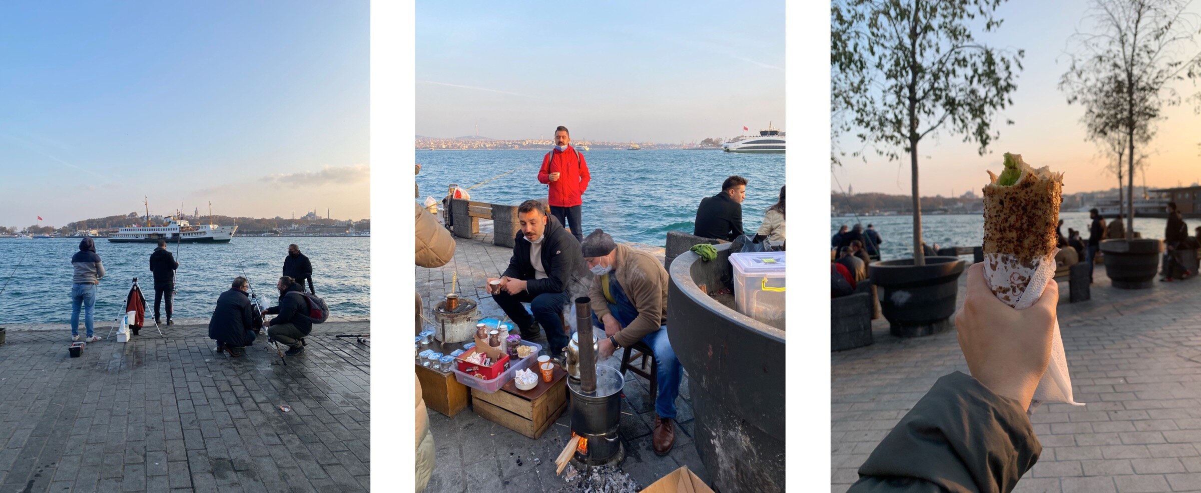 Рыбаки, импозантные деды за приготовлением чая и готовая покусанная шаурма на фоне Босфора