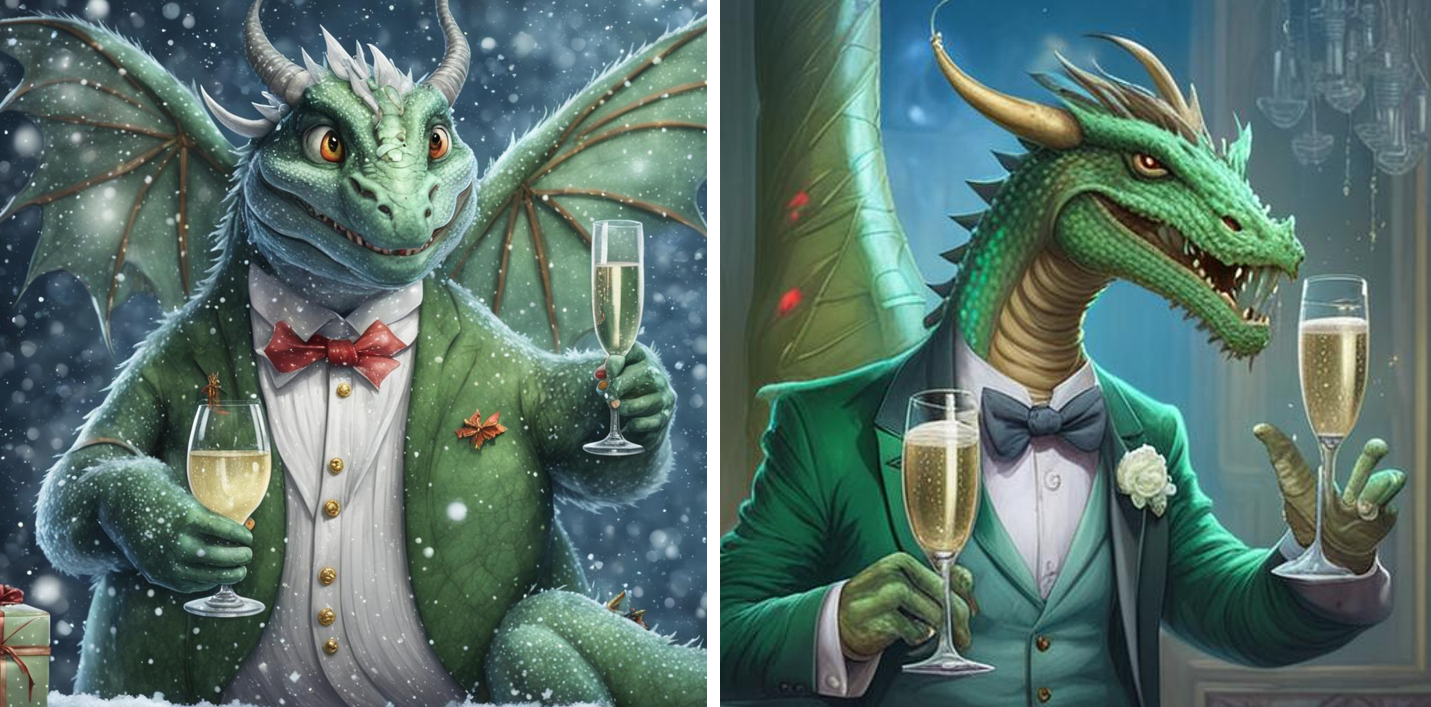 Слева – добродушный седой зеленый дракон с огромным брюхом, приятная широкая улыбка, белый фрак, галстук-бабочка, бокал шампанского в лапе, развернутые крылья; справа – a good-natured gray-haired green dragon with a huge belly, a pleasant wide smile, a white tailcoat, a bow tie, a glass of champagne in his paw, outstretched wings