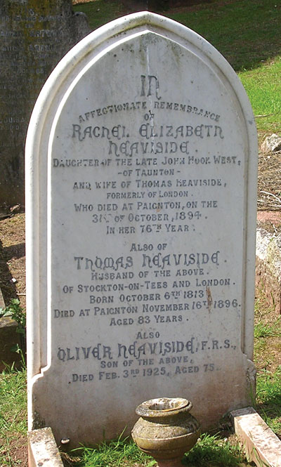 . When Oliver Heaviside died in February 1925, he was buried in the Paignton Cemetery in the same plot as his parents. His name was simply added beneath theirs on the gravestone, the appended “F.R.S.” (for “Fellow of the Royal Society”) giving the only hint of his achievements. Though the inscription says he was “aged 75,” he was in fact 74 when he died. The grave later fell into disrepair and Heaviside’s name was often obscured by weeds until 2005, when an anonymous benefactor had the stone cleaned and set upright.