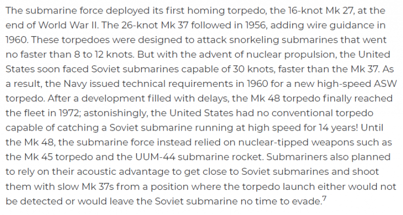 отсылка к The Third Battle: Innovationin the U.S. Navy's Silent Cold War Struggle with Soviet Submarines, отрывок из статьи коммандера Joel. I. Holwitt, US Navy, октябрь 2019 года Sub vs. Sub ASW Lessons from Cold War
