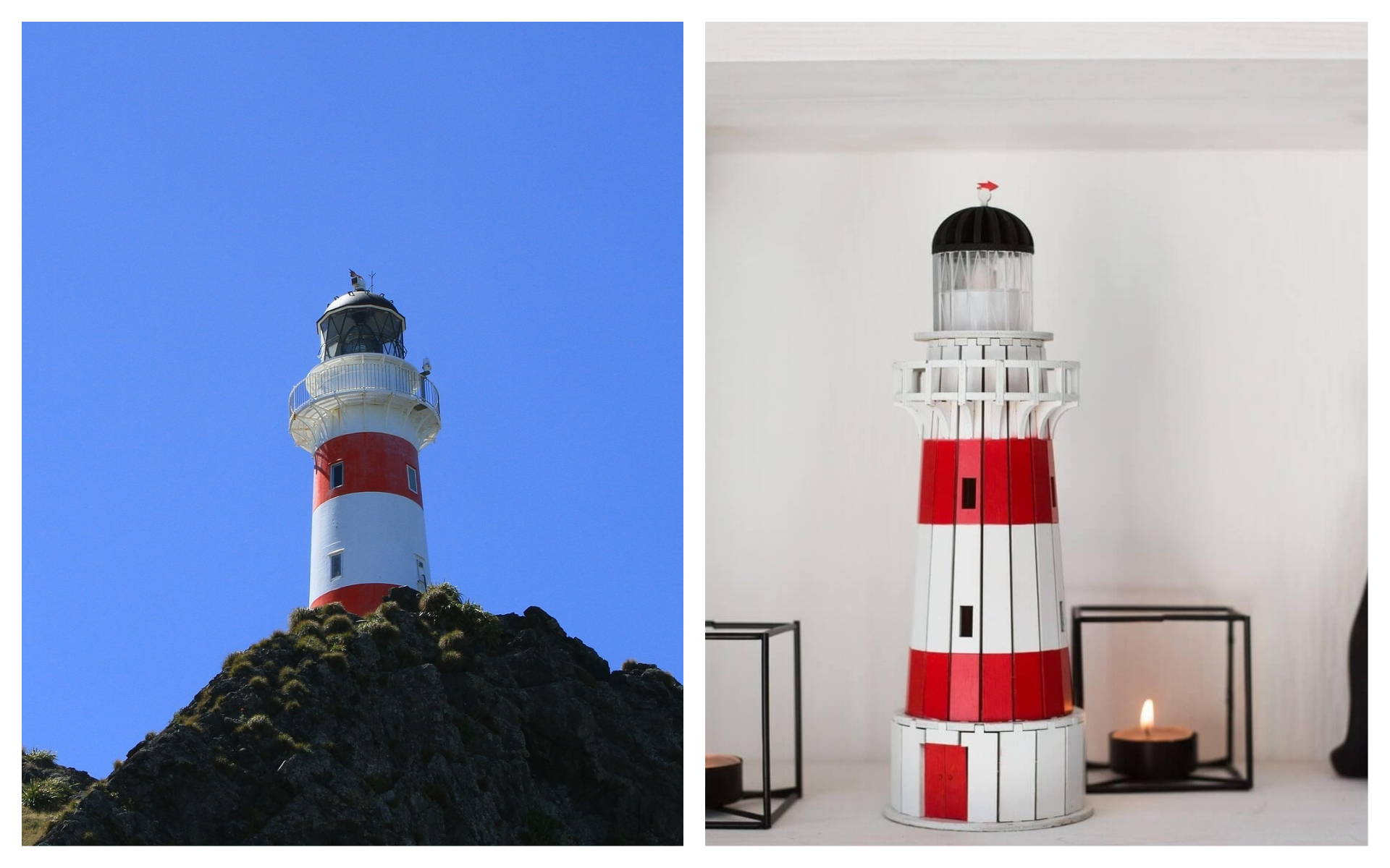 Слева: новозеландский маяк Паллизер. Справа: 3D-пазл «Маяк Паллизер»