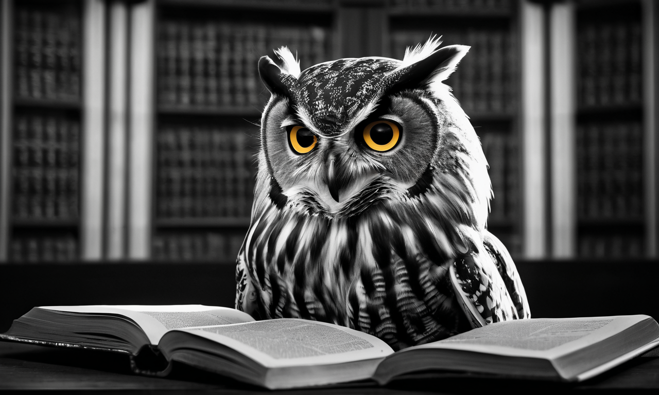 Owl with glasses in a library with book effect in a scholarly style