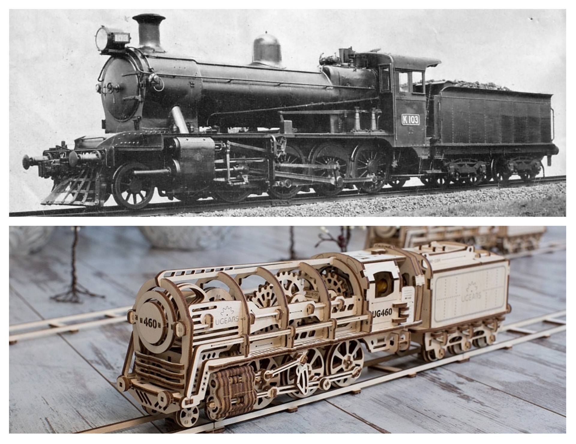Сверху: викторианский локомотив. Снизу: 3D-пазл UGears «Локомотив»