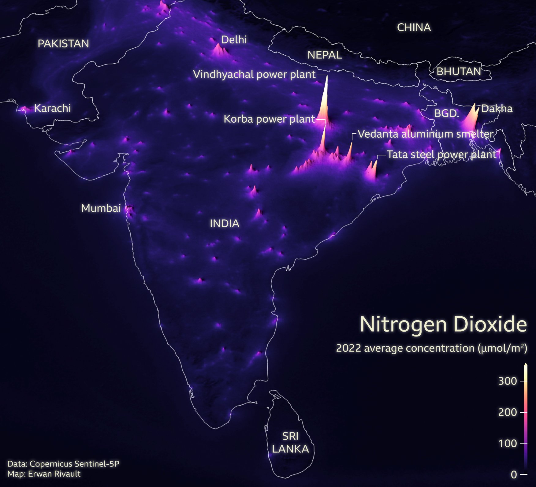 Загрязнение воздуха в Индии. Самые большие всплески происходят на электростанциях, а не в городах. Автор — Эрван Риво