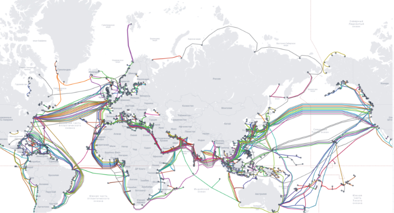 Карта подводных оптоволоконных кабелей, проложенных по всему миру — более 1,4 млн км. В подавляющем большинстве из них используются EDFA