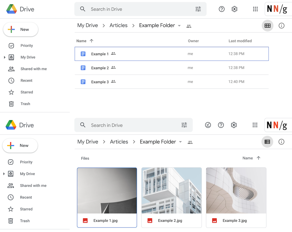 Google Drive (и многие другие платформы) позволяет пользователям переключаться между списками и представлениями значков в соответствии с их потребностями.