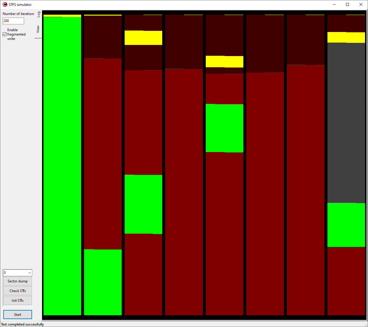 Внешний вид программы симулятора STfs
Каждый пиксел в столбце отображает состояние байта в секторе. Каждый столбец это отдельный сектор. Адреса растут слева направо и снизу вверх.

Зелёным цветом обозначаются блоки данных актуальных файлов, желтым обозначаются дескрипторы актуальных файлов. Красным и тёмно-красным обозначаются блоки уделенных файлов и их дескрипторов.
Серый цвет обозначает чистые области Flash, куда еще ничего не записывалось после последнего стирания сектора.  