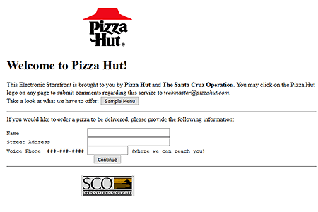 Форма заказа пиццы в Web 1.0. Pizza Hut была инновационной компанией в пространстве Web 1.0, поскольку она представила веб-сайт с помощью которого, клиенты могли заказать пиццу. Однако оплата должна была производиться лично.