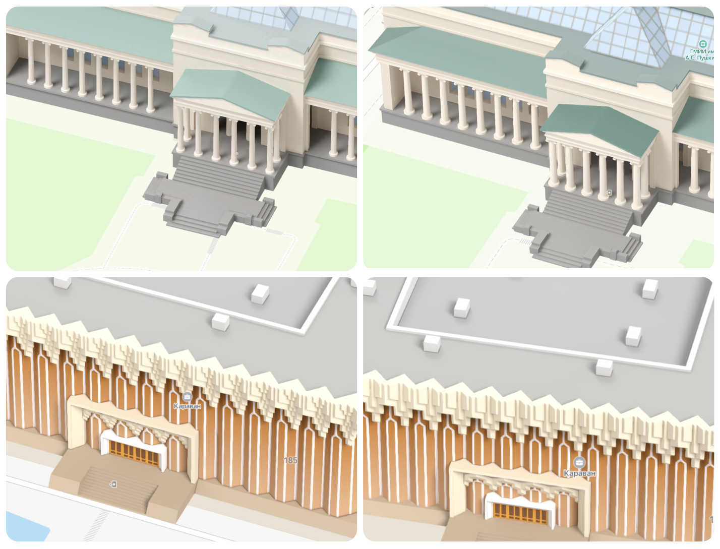 Пример гипертрофирования толщины колонн Пушкинского музея. Ниже пример упрощения паттерна геометрии и увеличения масштаба элементов