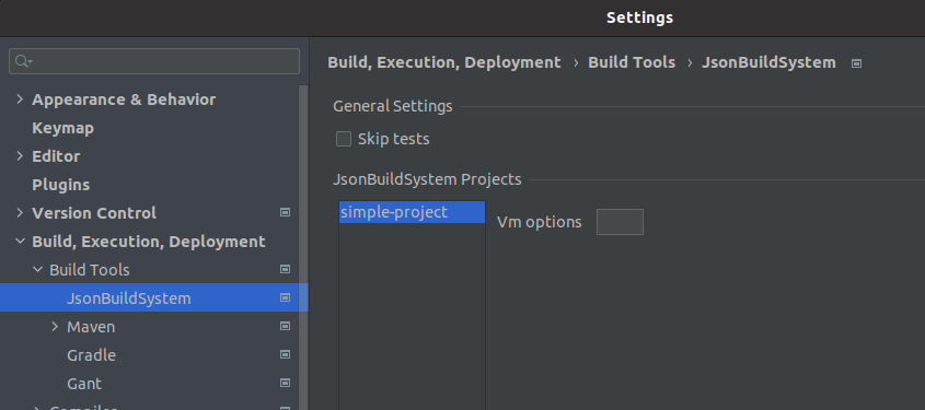 Тут у нас есть глобальный переключатель для всех проектов - skip tests. И для каждого проекта (simple-project) в отдельности можно задать vm options. (Настройки просто для примера, и на результат они не влияют).