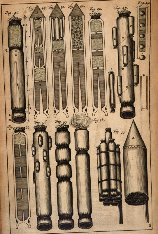 Наследие - работы артиллериста Казимира Семеновича образца 1650 года, видно влияние Хааса. Хорошая иллюстрация расположения разного пороха в разных частях ракеты