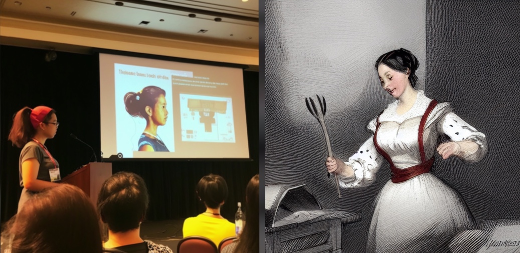 Мы попросили нейросети изобразить ситуации «женщина-спикер на конференции разработчиков» и «Ада Лавлейс выкидывает подаренную сковородку, чтобы сосредоточиться на программировании».