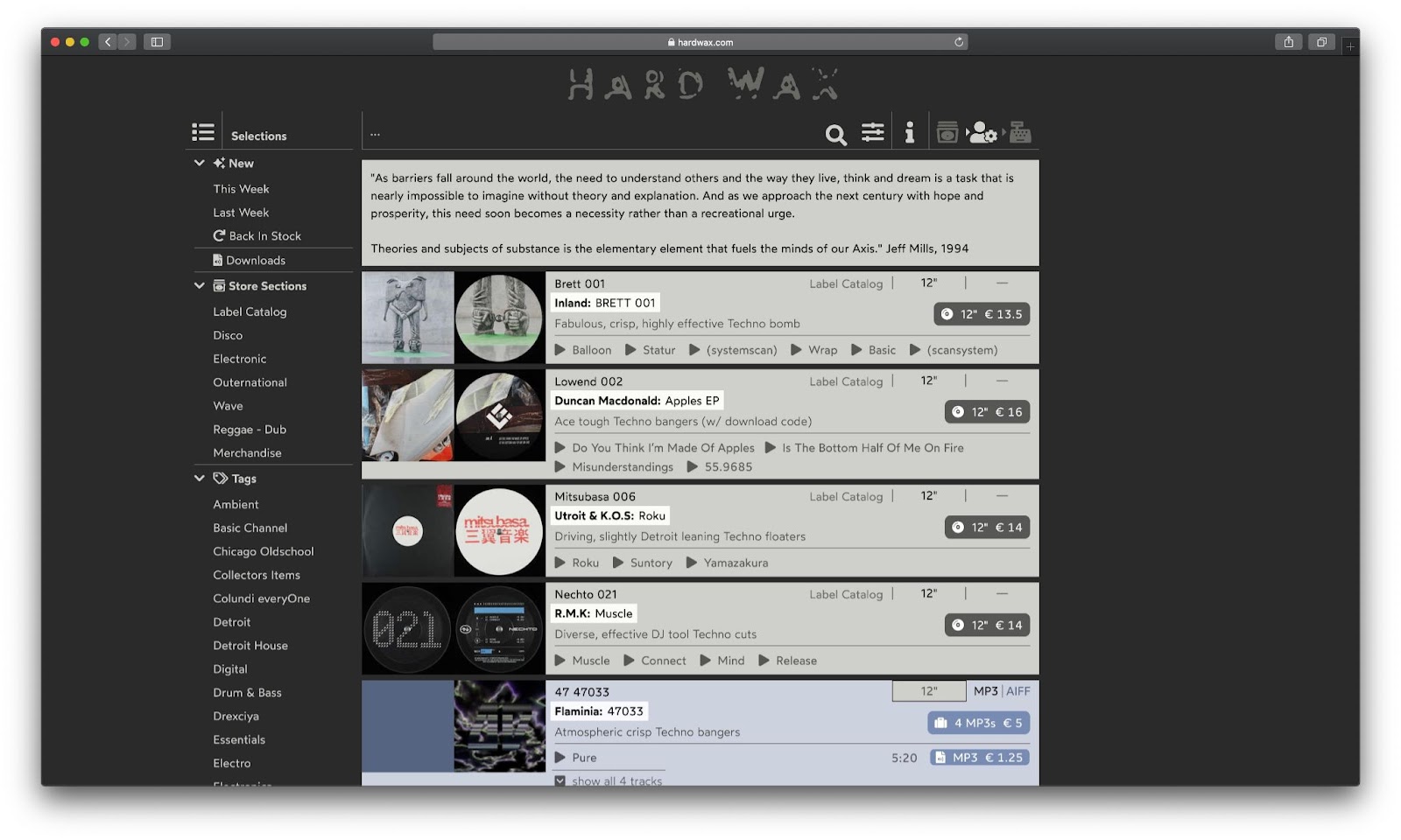 Сайт музыкального магазина hardwax.com, секция Techno