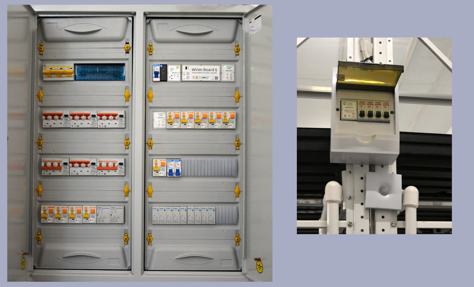 Пример системы автоматизации коммерческой теплицы — минимум оборудования в щите, а на каждой группе стелажей стоит свой модуль WB-MAO4 для управления светом и датчик WB-MSW v.4