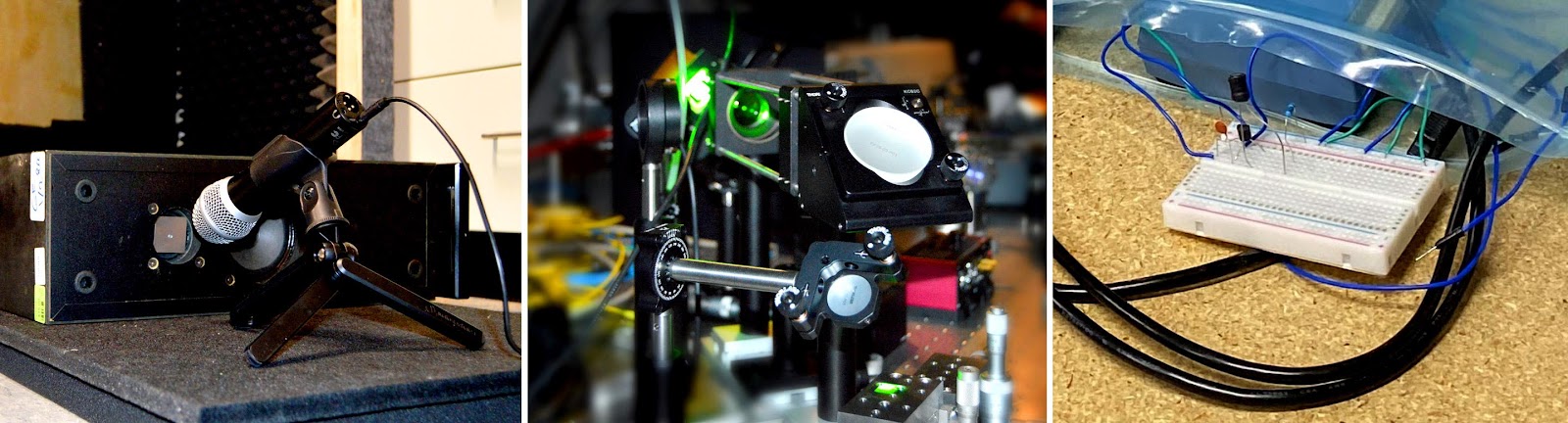 микрофон указывает на чёрный ящик с небольшой металлической пластиной; две руки держат печатную плату; зелёный лазер освещает зеркала и другие оптические компоненты